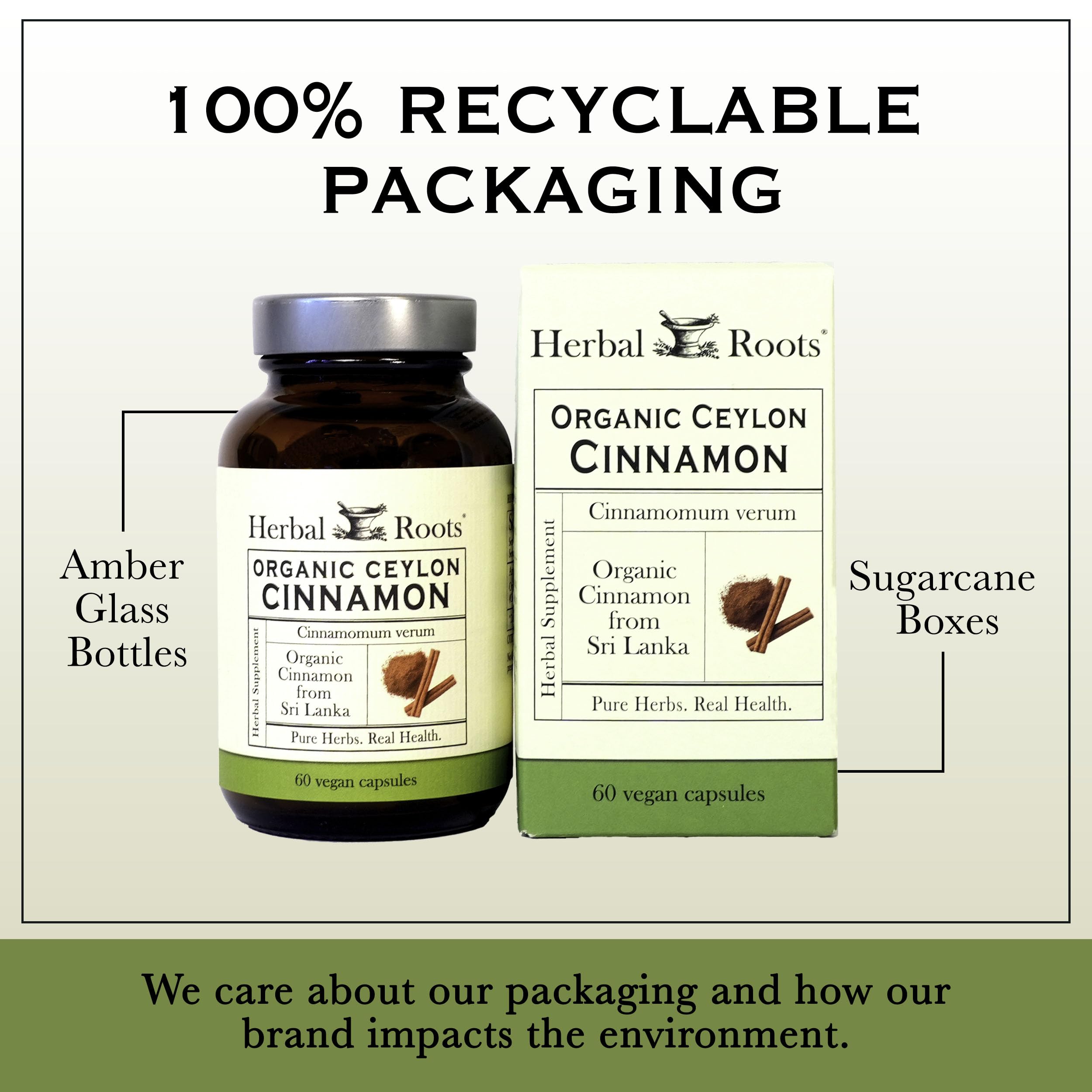 Herbal Roots tamaño comparativo de la botella para evaluación de porciones