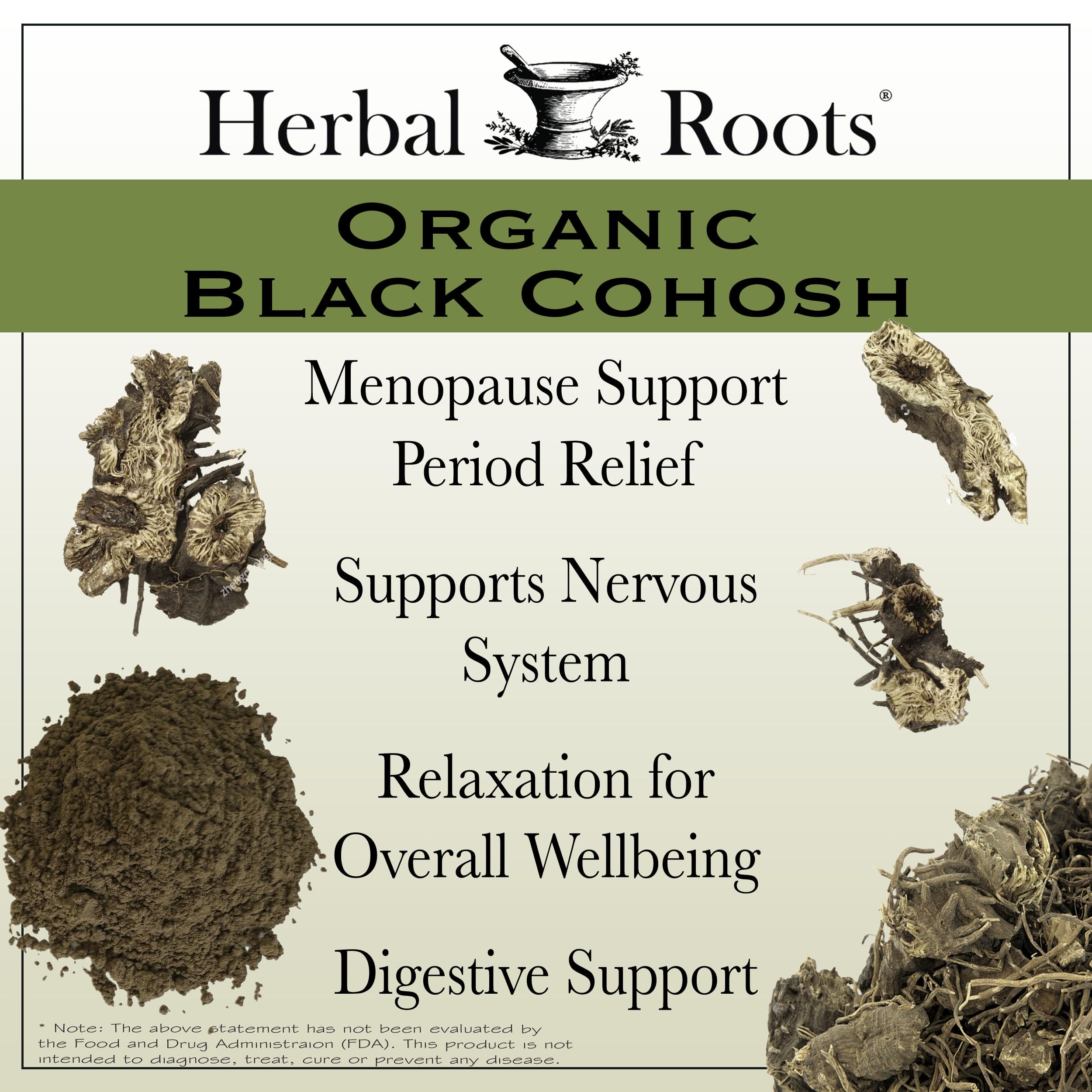 Raíz de cohosh negro natural usada por Herbal Roots, destacando origen orgánico