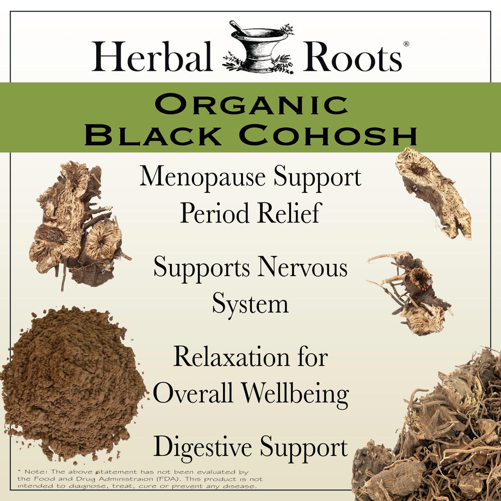Raíz de cohosh negro natural usada por Herbal Roots, destacando origen orgánico