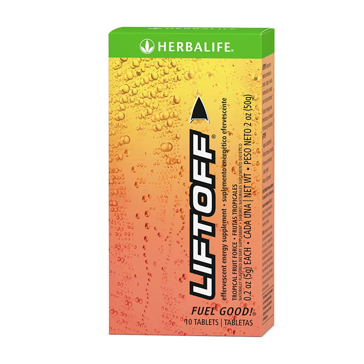 Herbalife Liftoff frontal del empaque mostrando sabor Tropical Fruit y facilidad de uso
