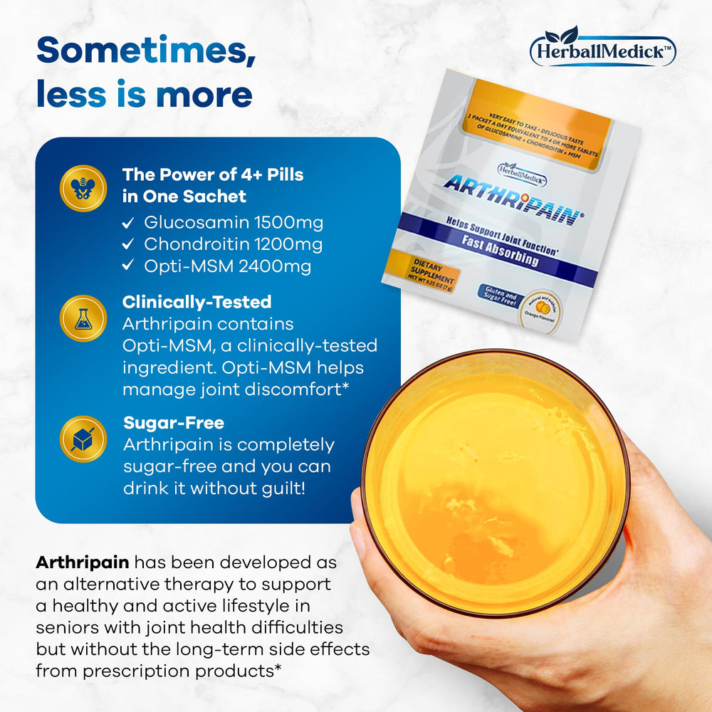 HerballMedick Arthripain sobre en mano para comparar tamaño y conveniencia