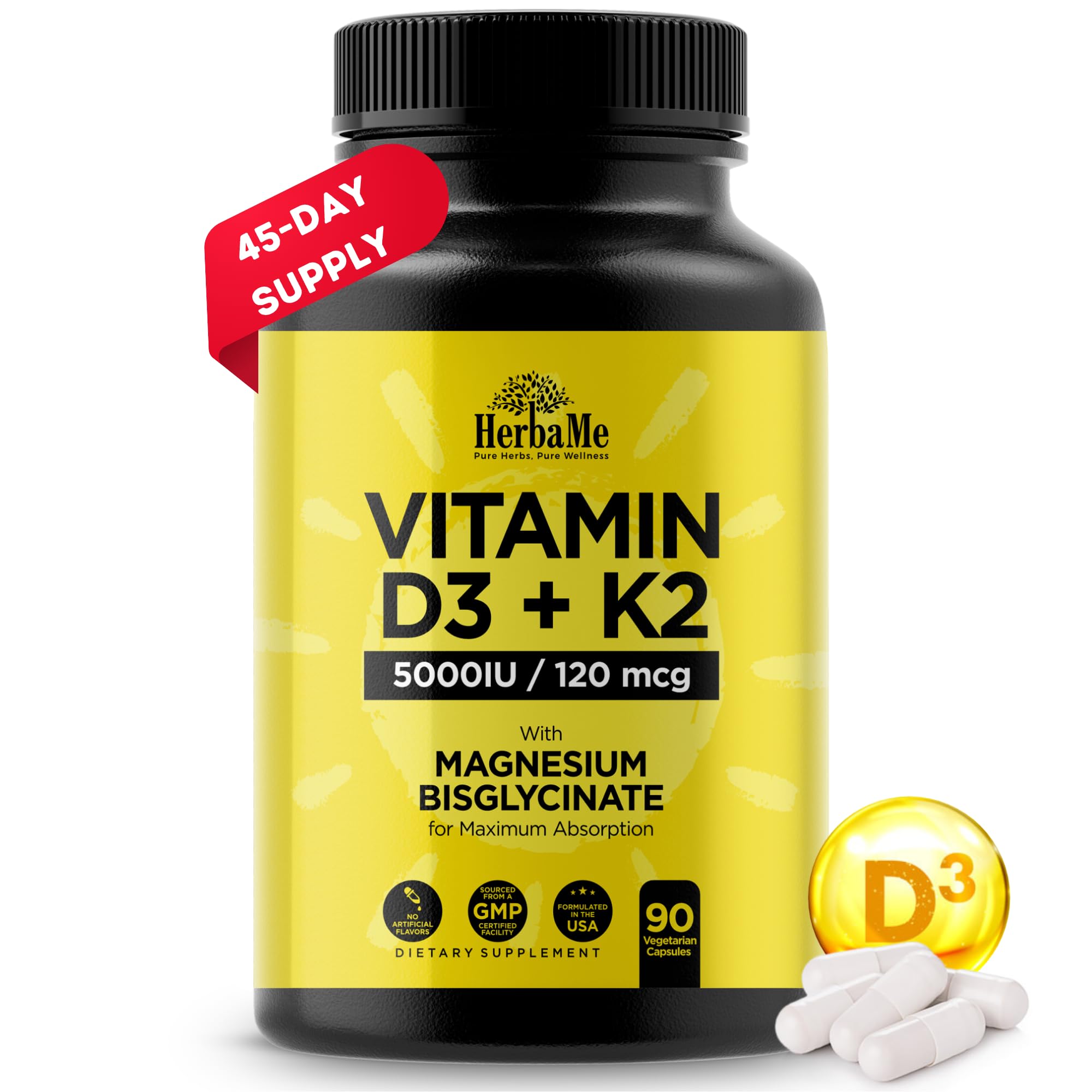 HerbaMe Vitamina D3 K2 con Magnesio en botella frontal para salud ósea
