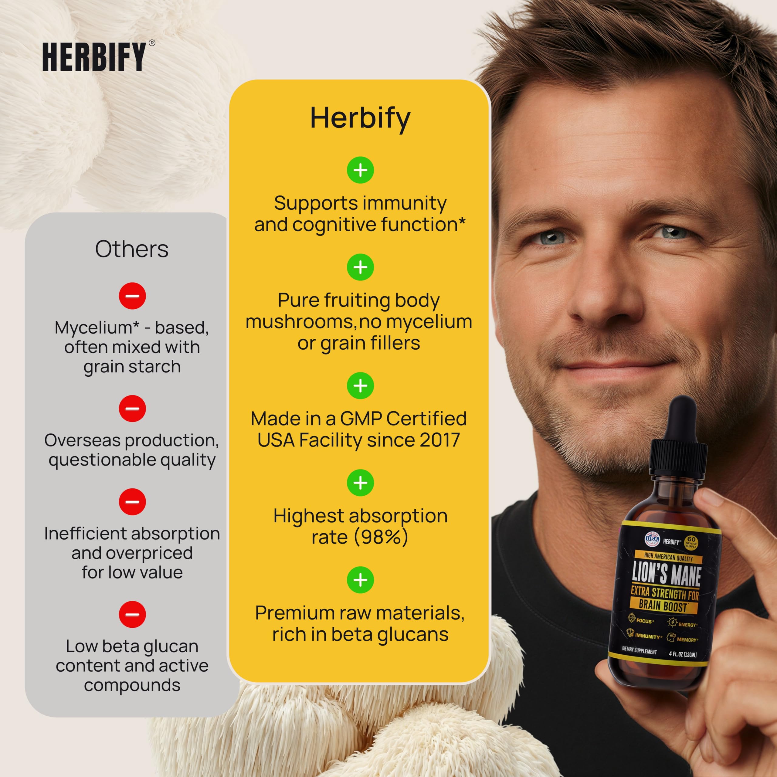 HERBIFY botella en mano para comparar tamaño y capacidad, práctico para llevar