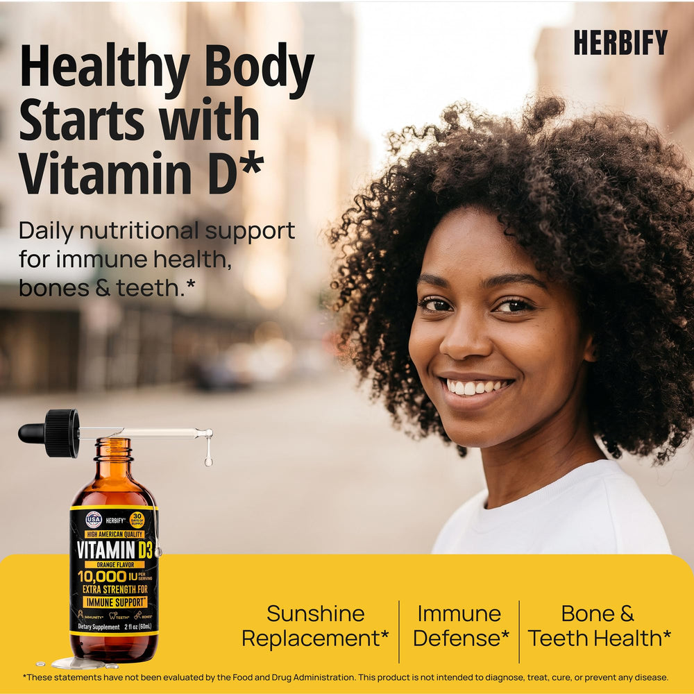 HERBIFY gotero con vitamina D3 en mano, dosificación precisa y práctica
