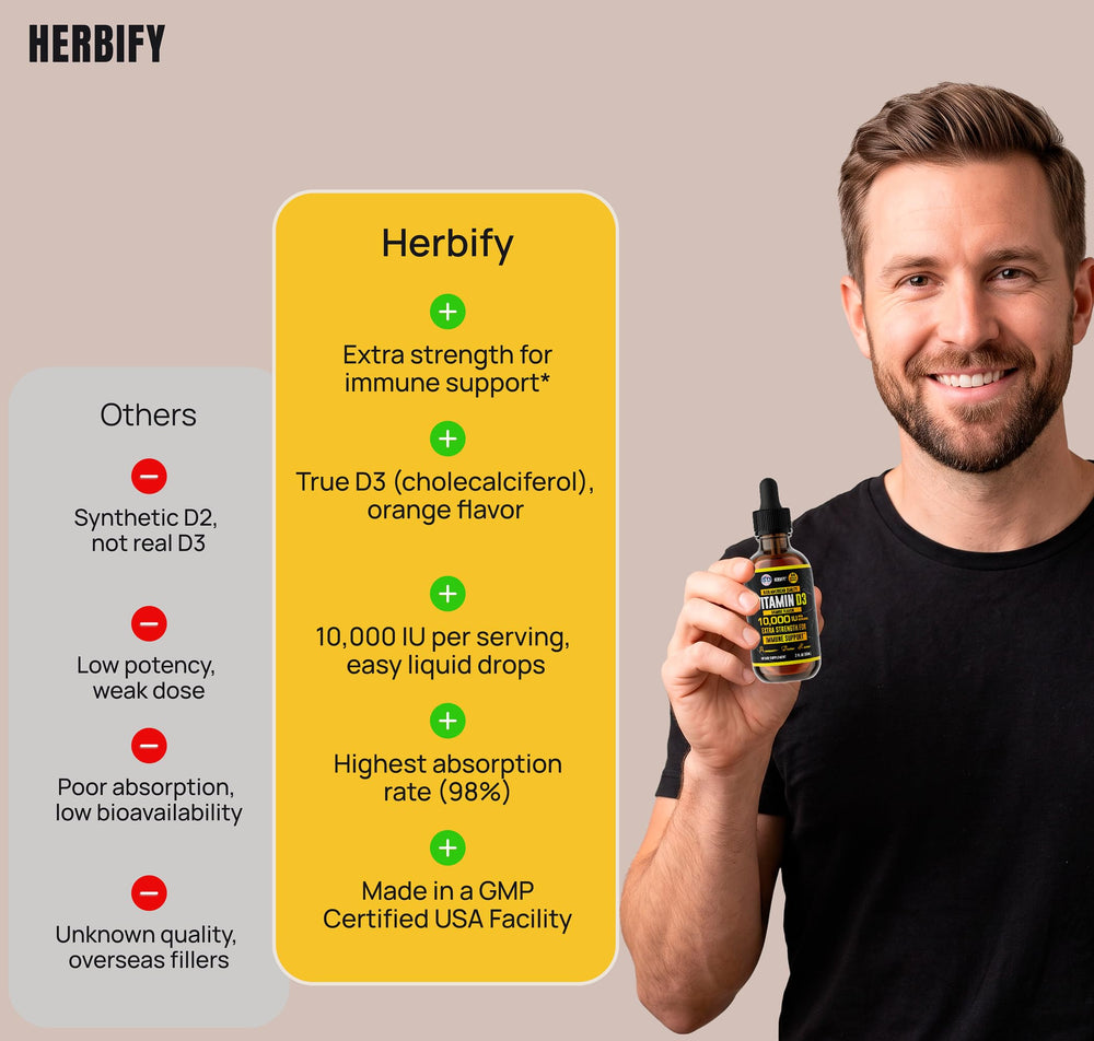 HERBIFY textura del aceite D3 en close-up, aspecto limpio y soluble