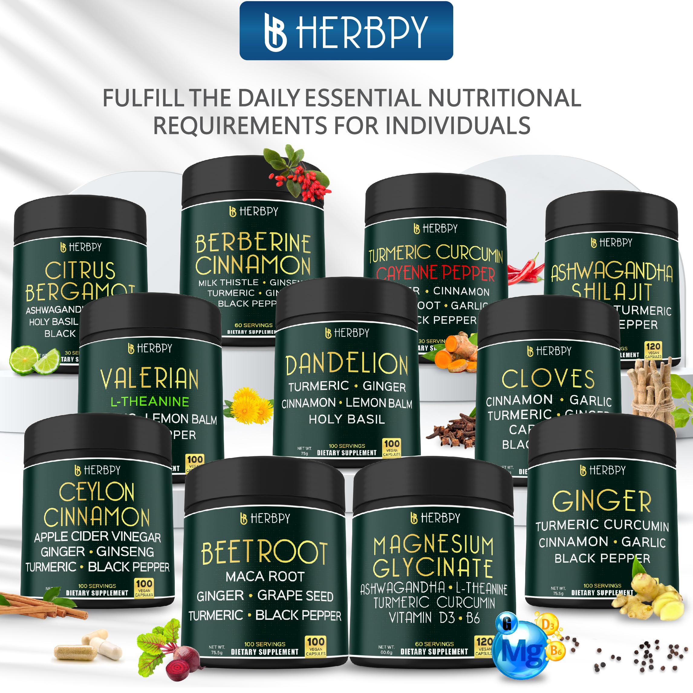 Herbpy frasco abierto con cápsulas sobre mesa, muestra contenido real del producto