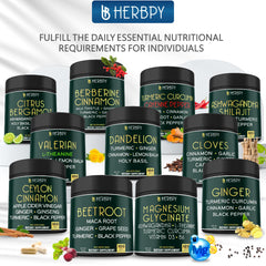 Herbpy frasco abierto con cápsulas sobre mesa, muestra contenido real del producto