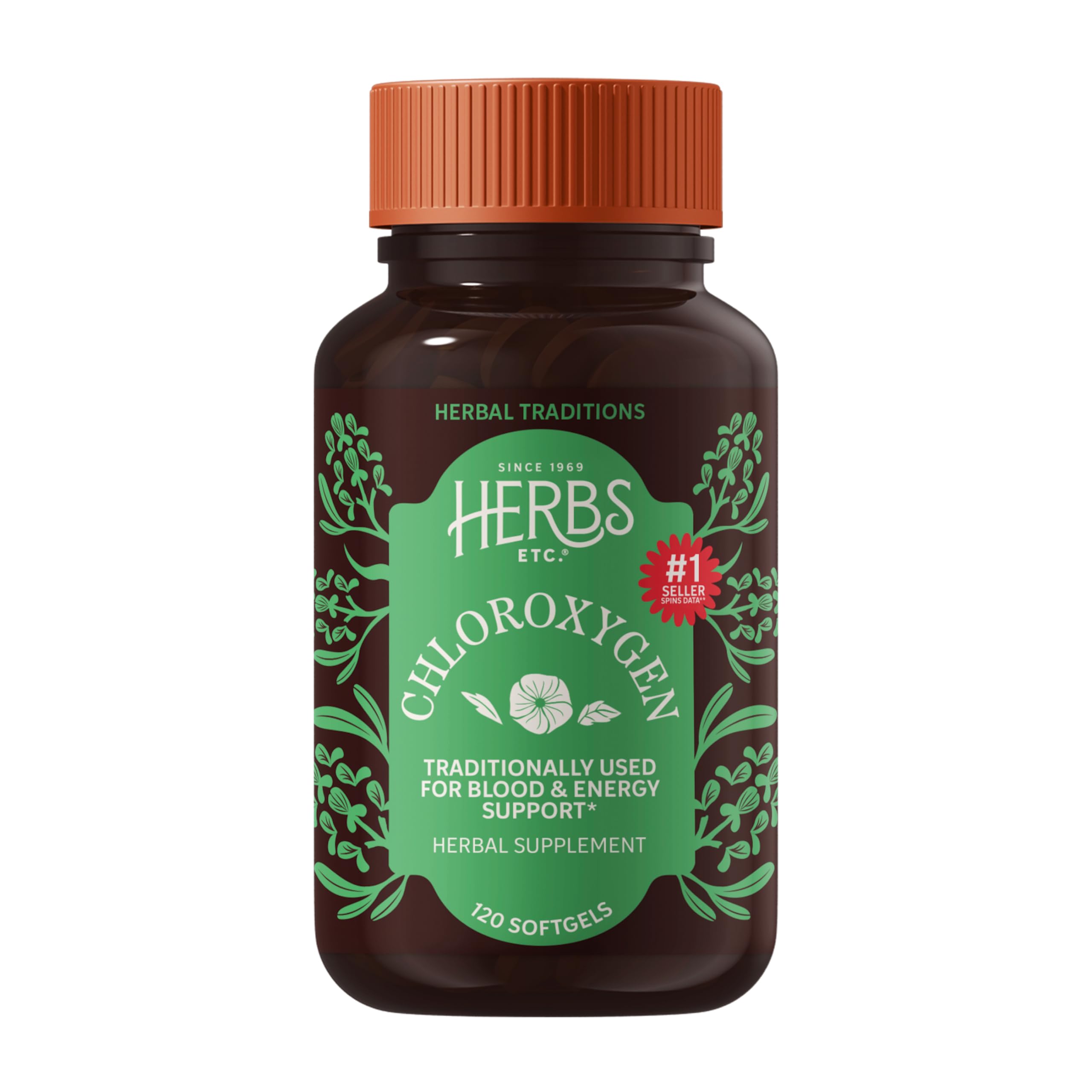 Herbs Etc. envase frontal de ChlorOxygen con información visible y beneficio desodorizante
