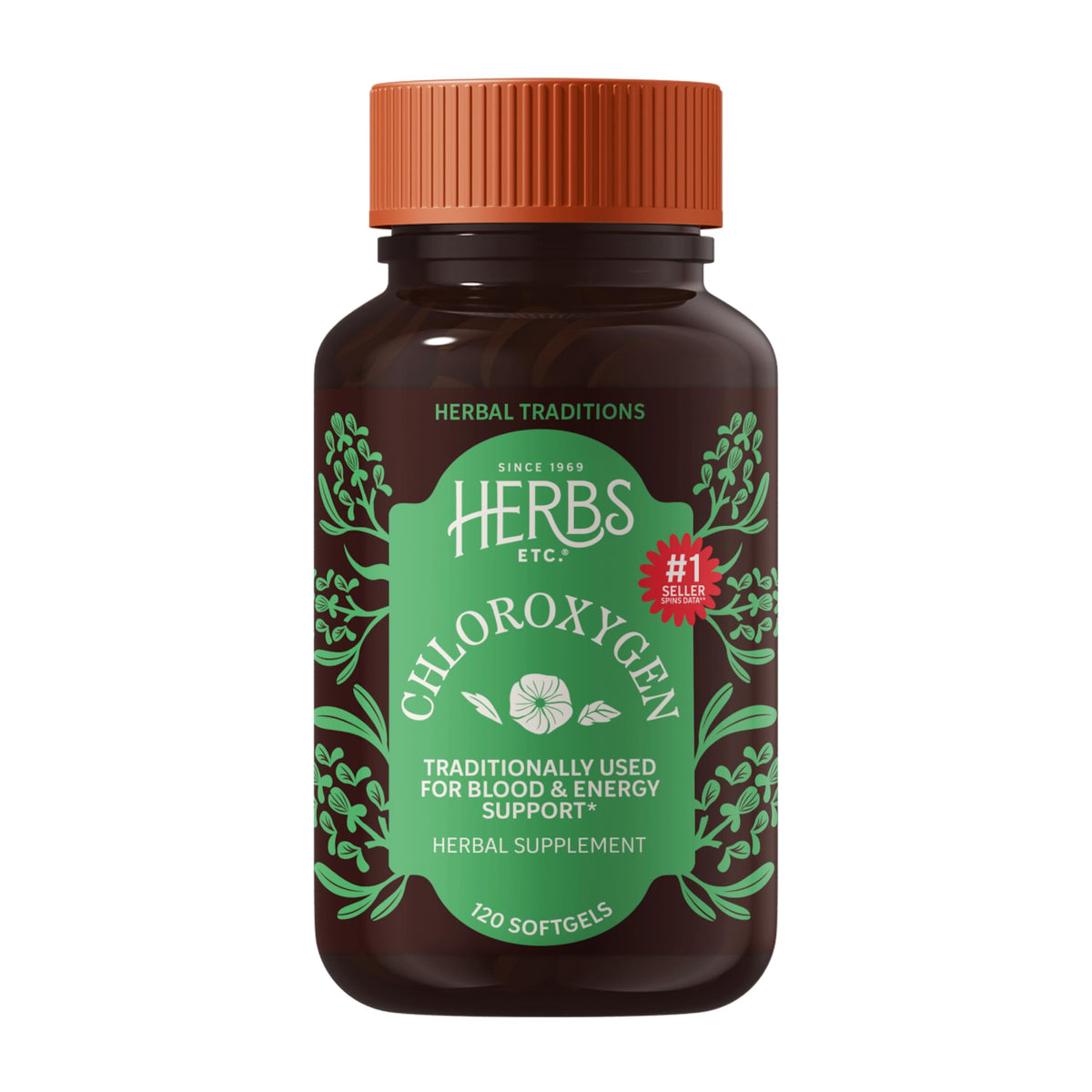 Herbs Etc. envase frontal de ChlorOxygen con información visible y beneficio desodorizante