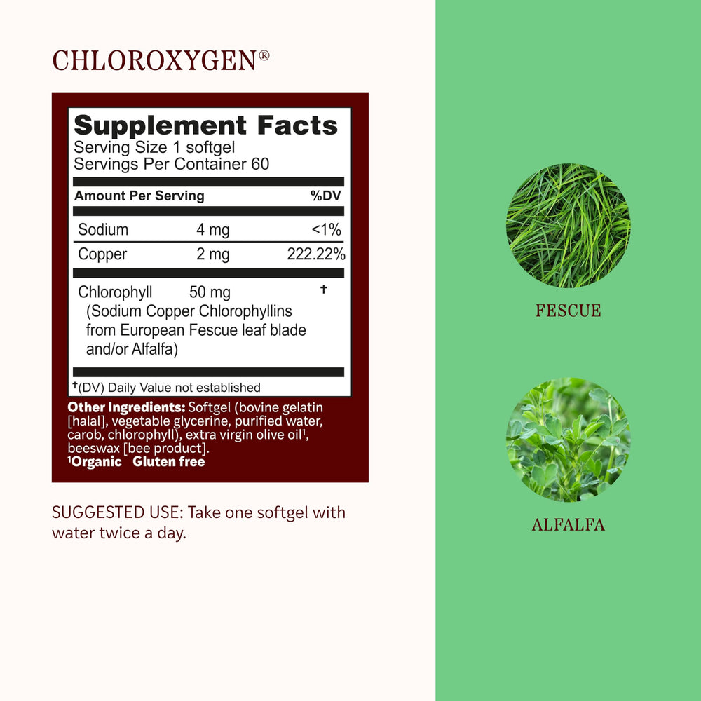 Herbs Etc. ChlorOxygen textura del contenido enfatizando origen vegetal