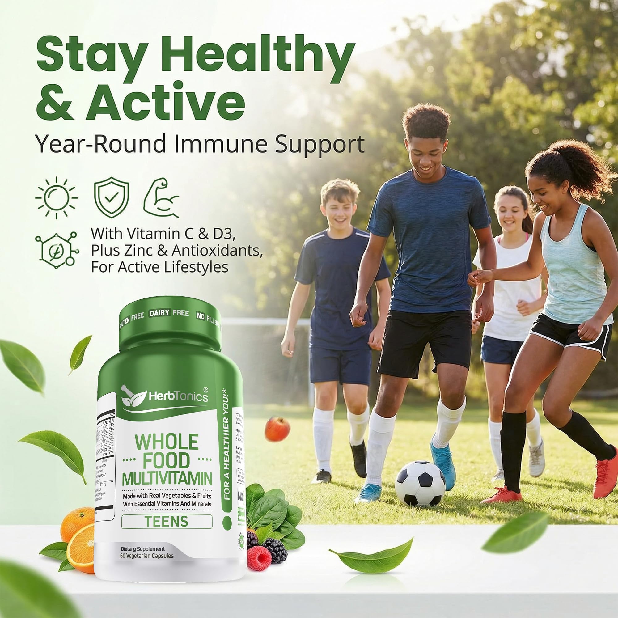 Herbtonics frutas y verduras reales que componen la mezcla integral