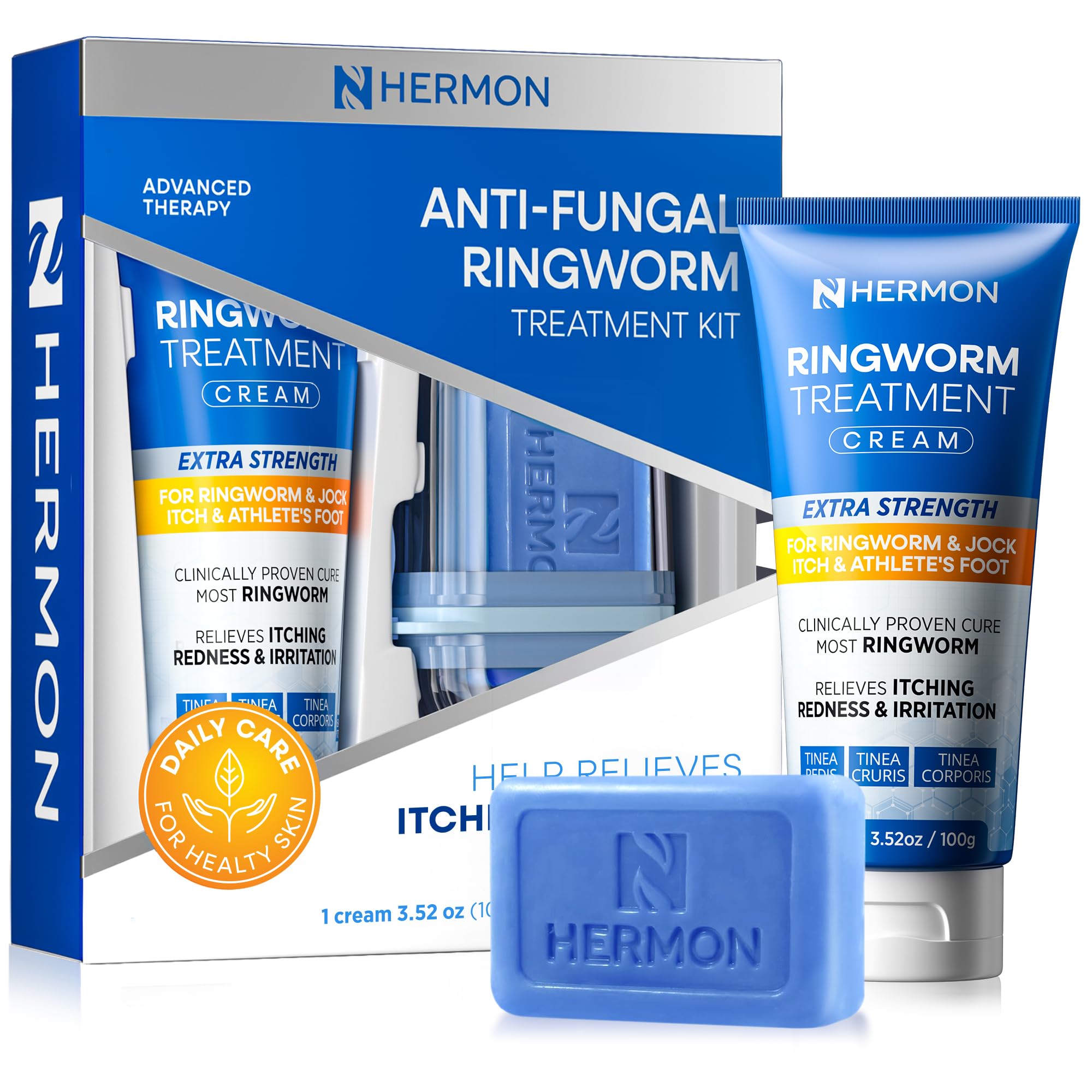 Hermon kit frontal mostrando crema y jabón para cuidado antifúngico