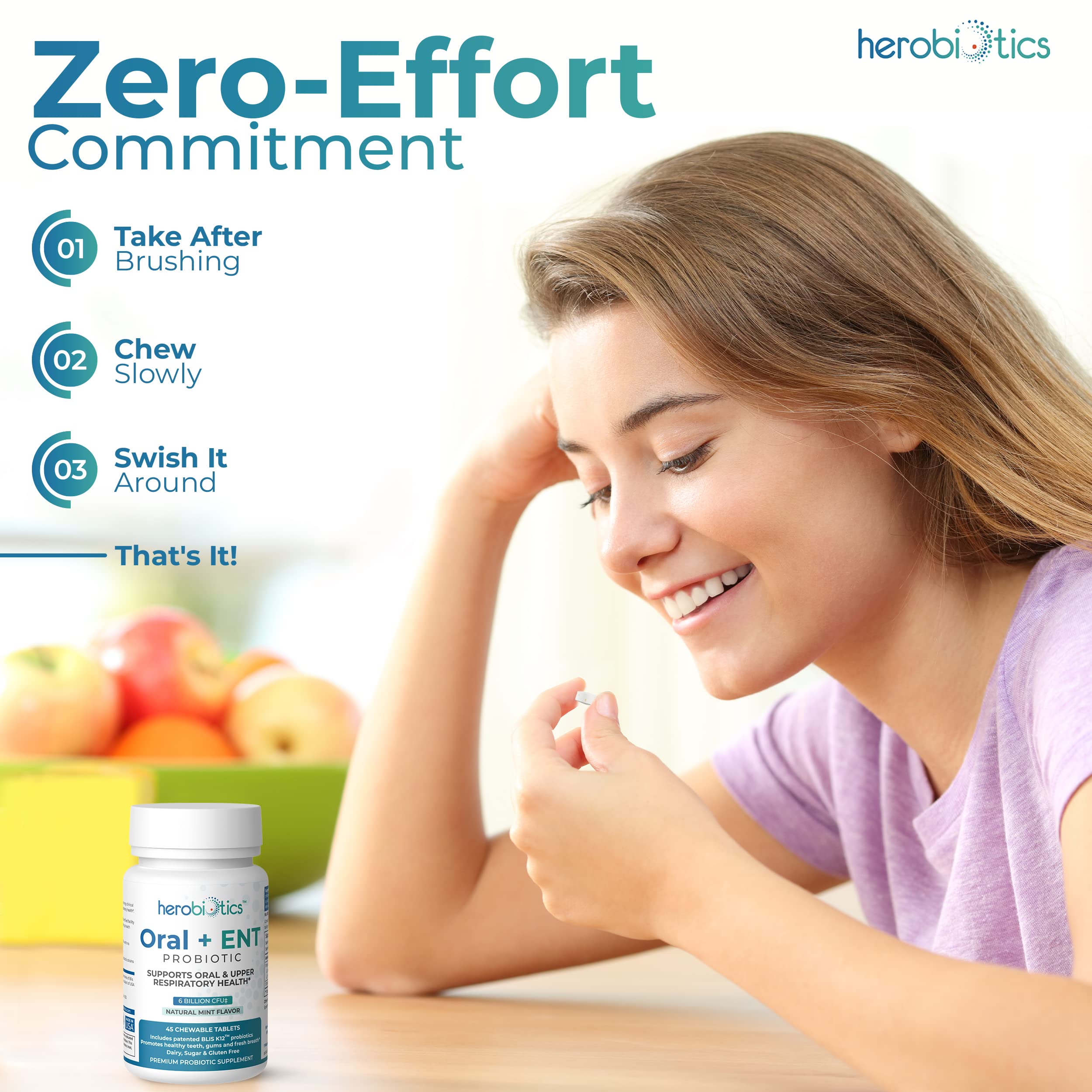 herobiotics tableta junto a cepillo dental indicando uso nocturno recomendado