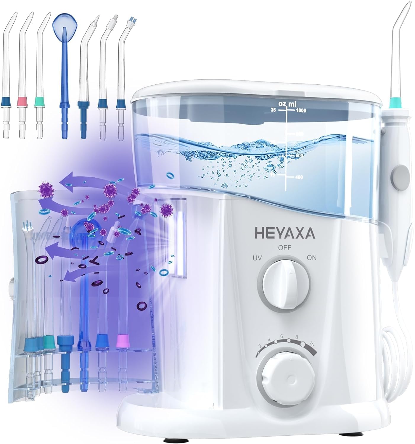 HEYAXA vista frontal del irrigador blanco con depósito grande, mejora la limpieza
