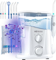 HEYAXA vista frontal del irrigador blanco con depósito grande, mejora la limpieza