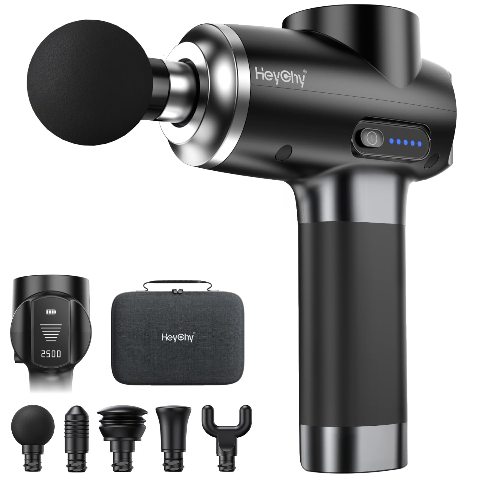 HEYCHY masajeador frontal mostrando diseño ergonómico y potencia