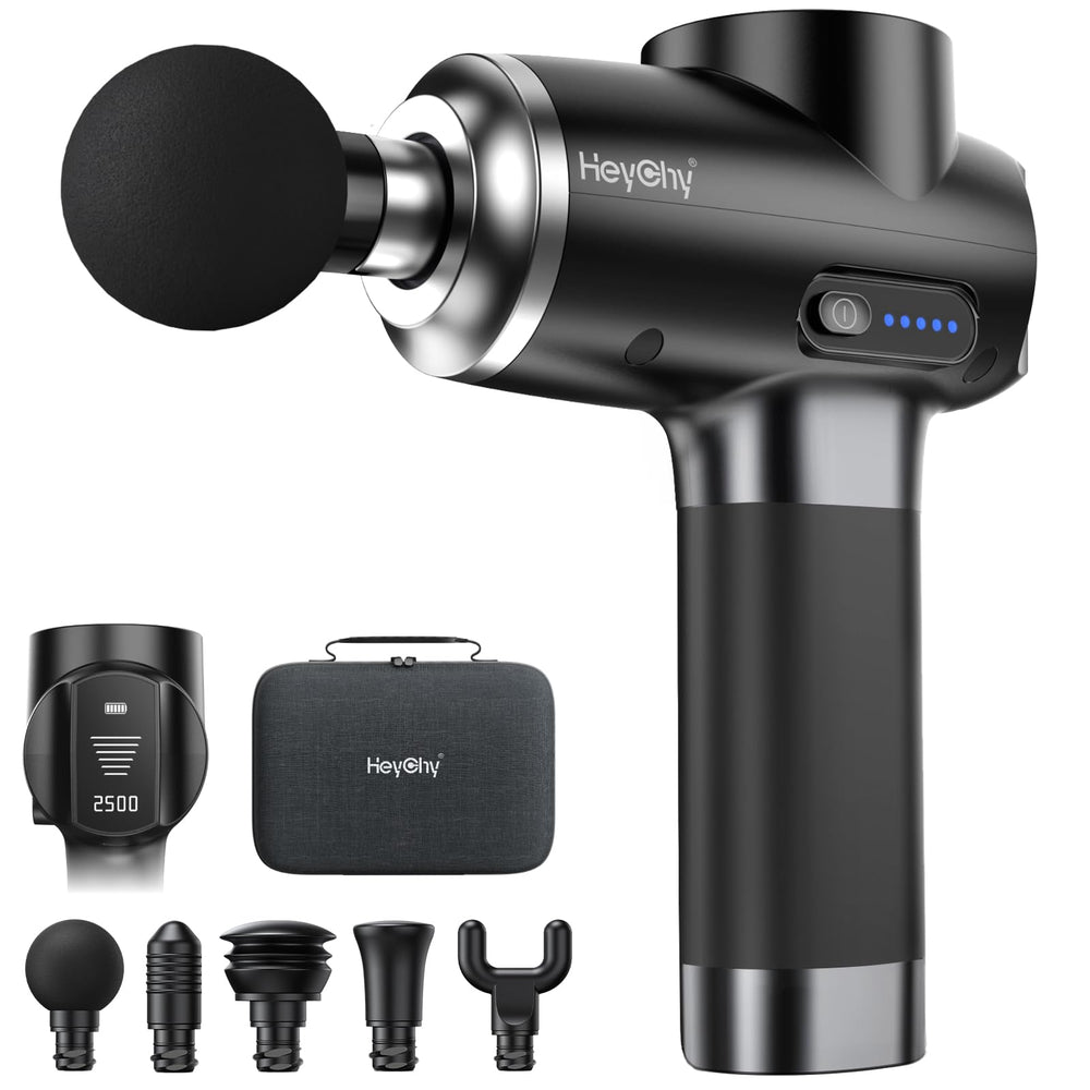 HEYCHY masajeador frontal mostrando diseño ergonómico y potencia