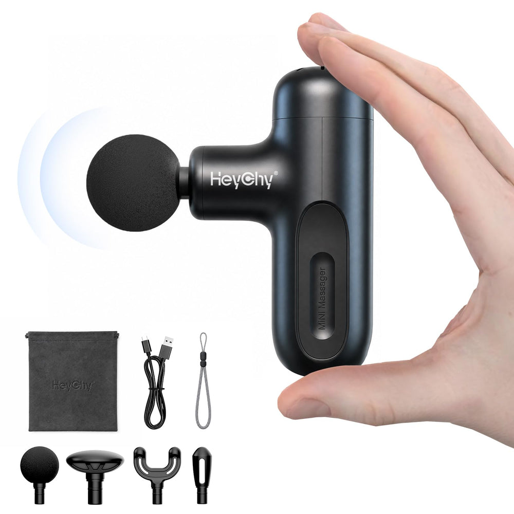 HEYCHY masajeador mini frontal mostrando diseño portátil y control ergonómico