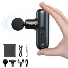 HEYCHY masajeador mini frontal mostrando diseño portátil y control ergonómico