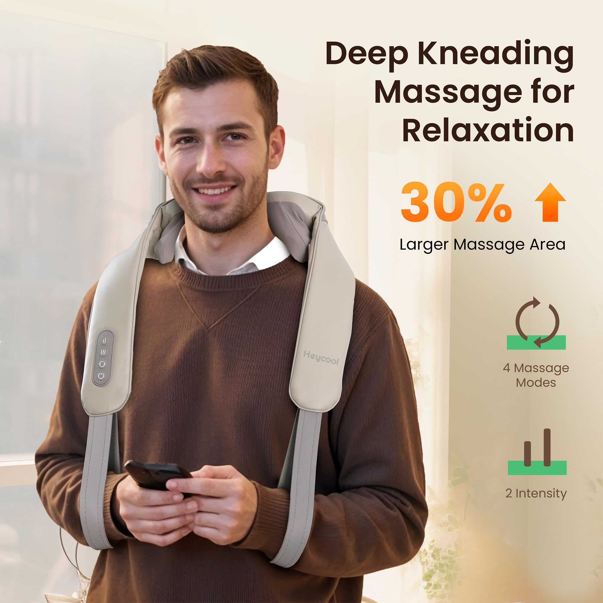 Heycool masajeador puesto como mochila para manos libres y relajación prolongada