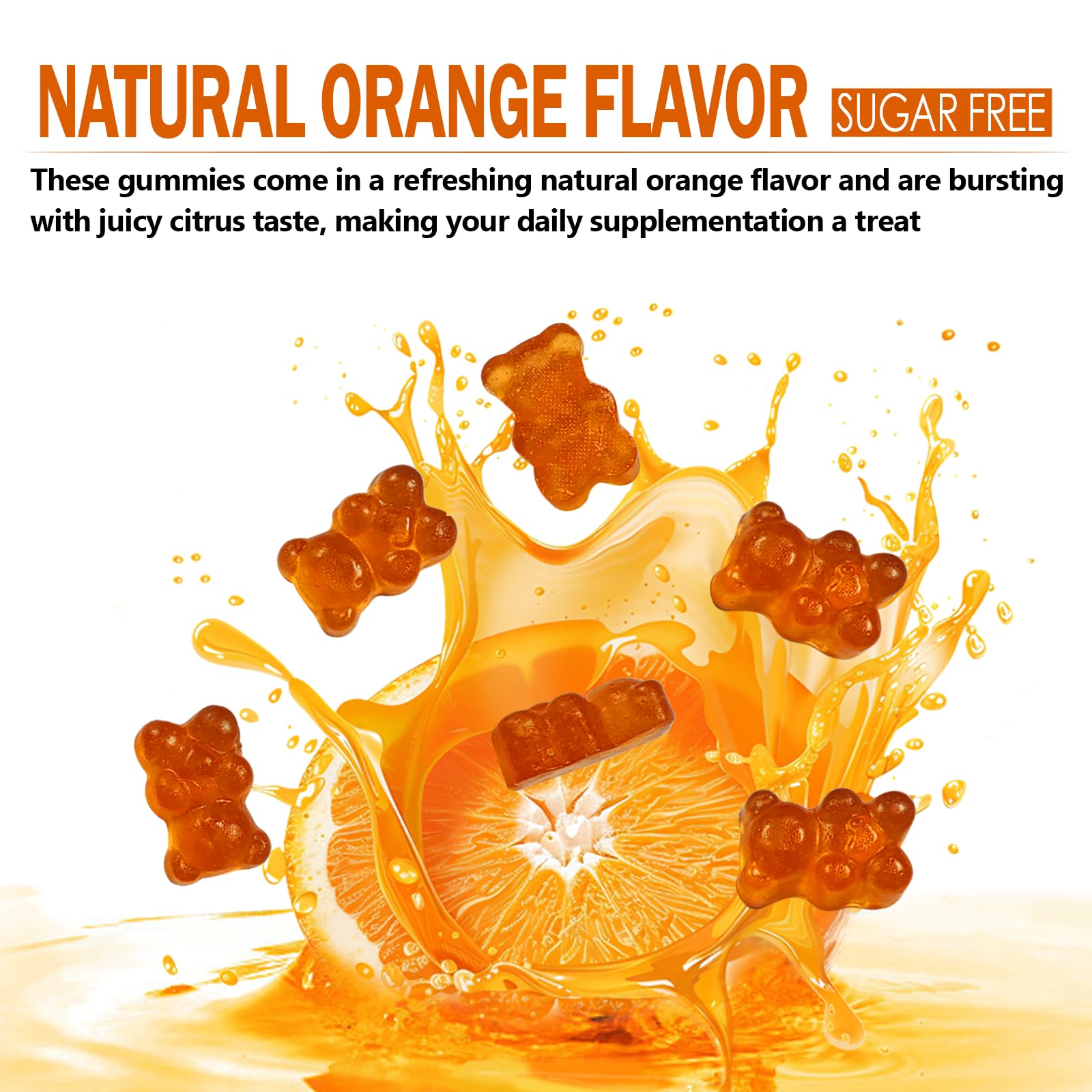 HFELIZ gomitas sobre fondo cítrico que evoca sabor naranja natural