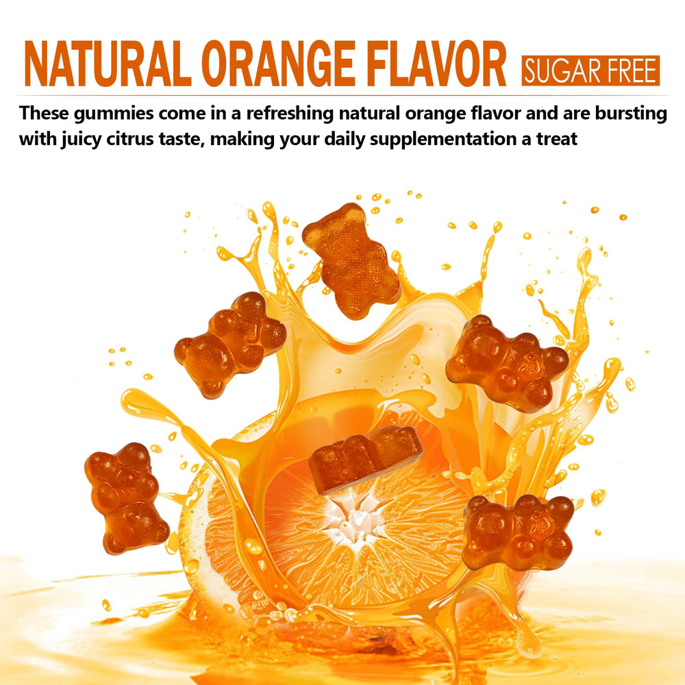 HFELIZ gomitas sobre fondo cítrico que evoca sabor naranja natural