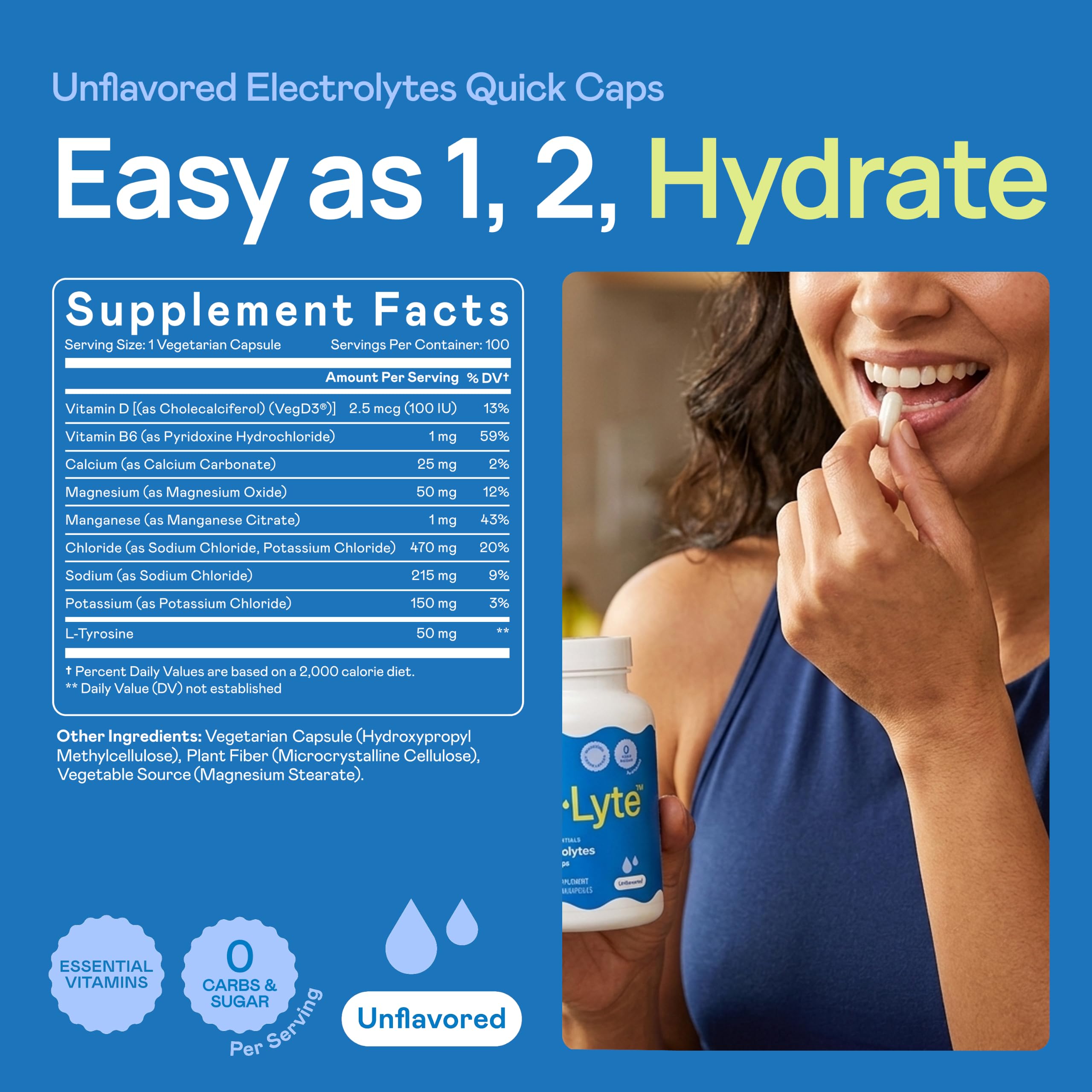 Hi-Lyte cápsula tomando con agua para hidratación inmediata