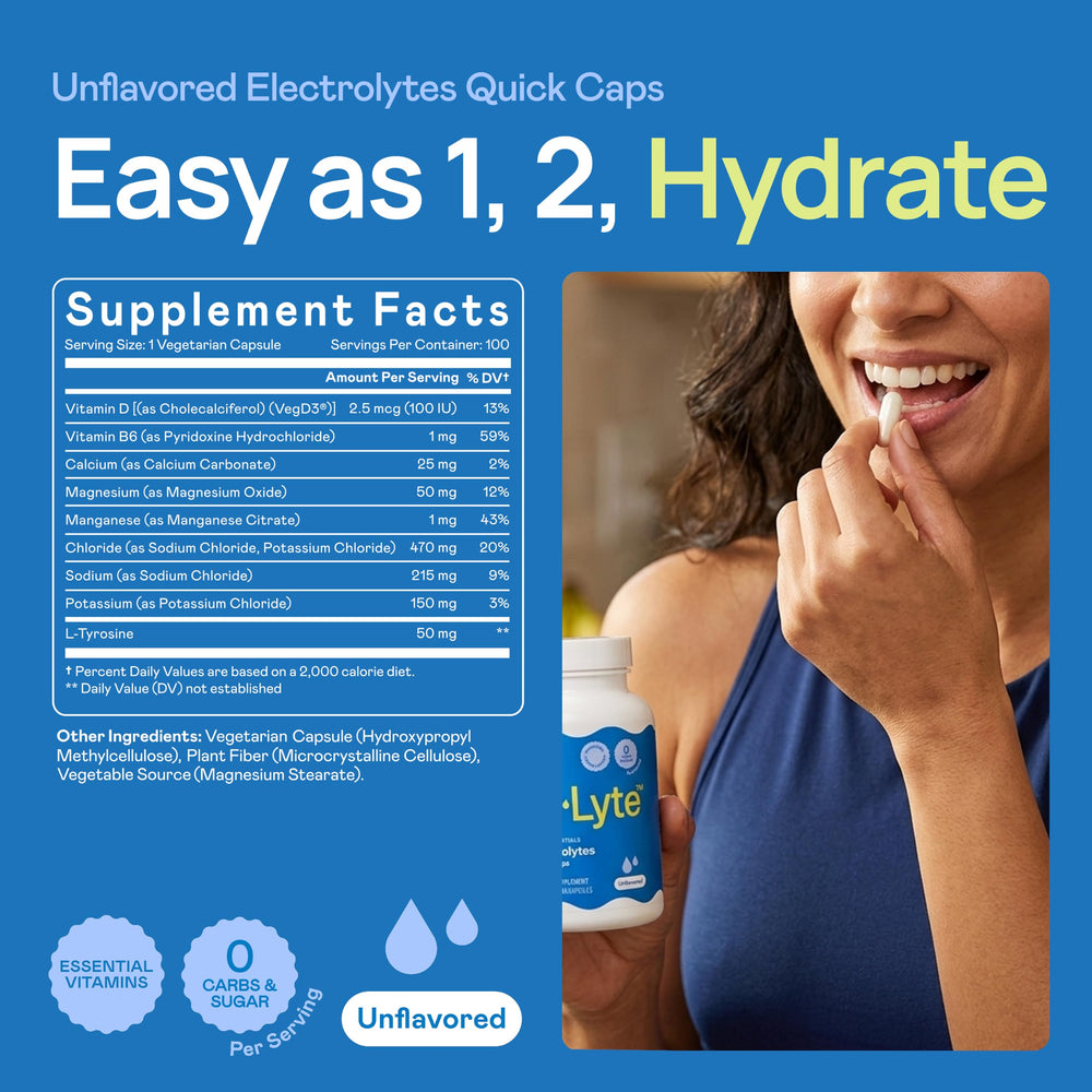 Hi-Lyte cápsula tomando con agua para hidratación inmediata
