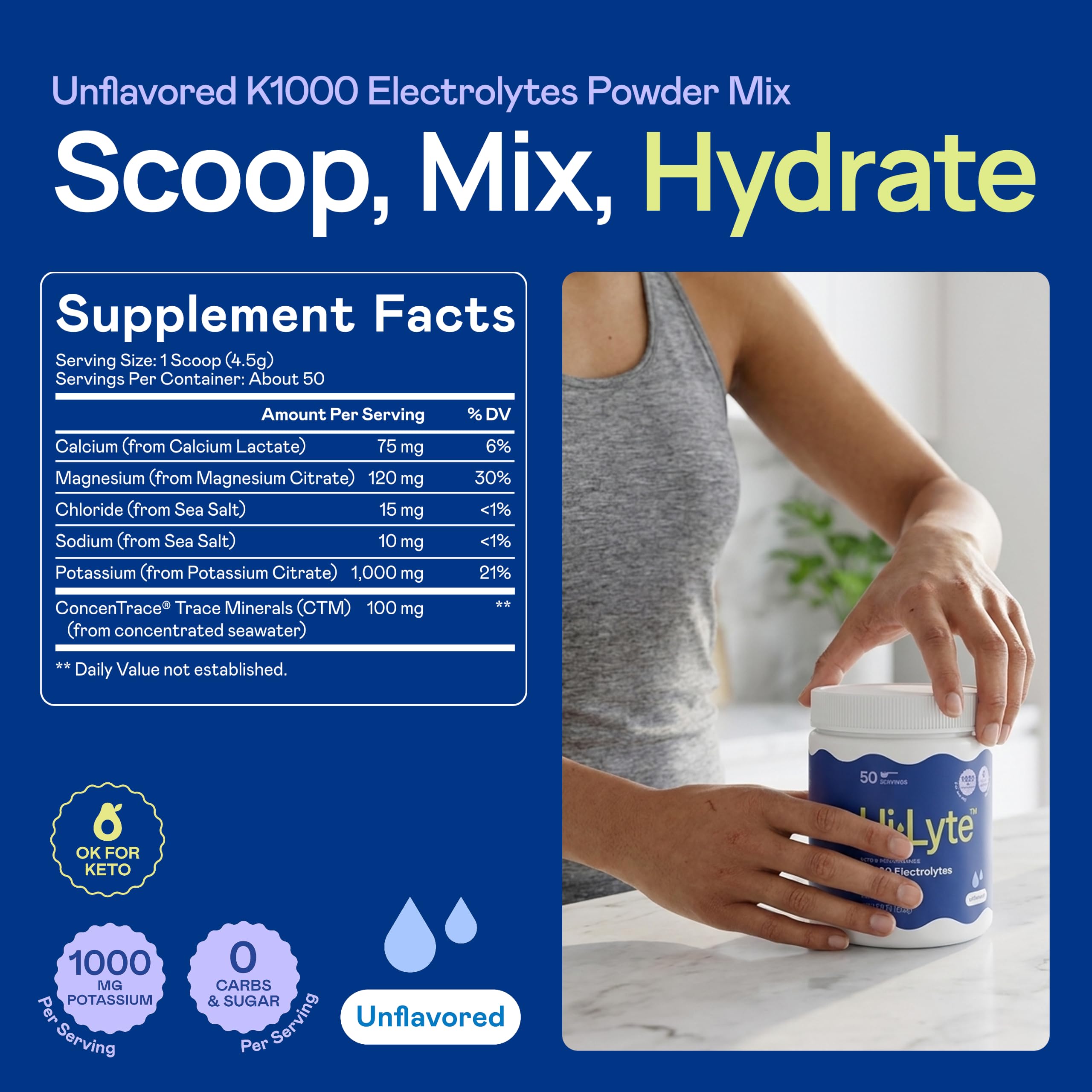 Hi-Lyte polvo disolviéndose en agua clara para hidratación rápida