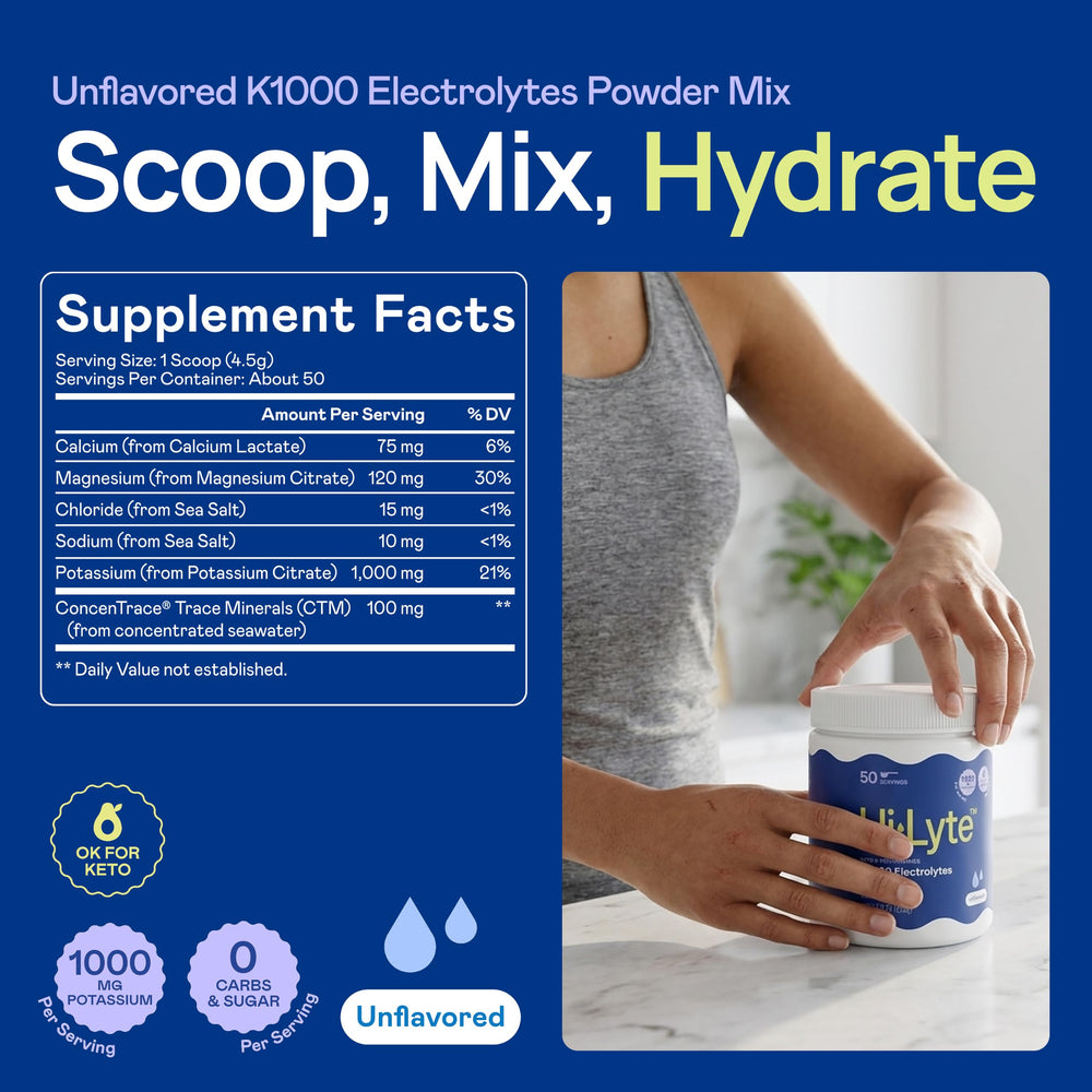 Hi-Lyte polvo disolviéndose en agua clara para hidratación rápida