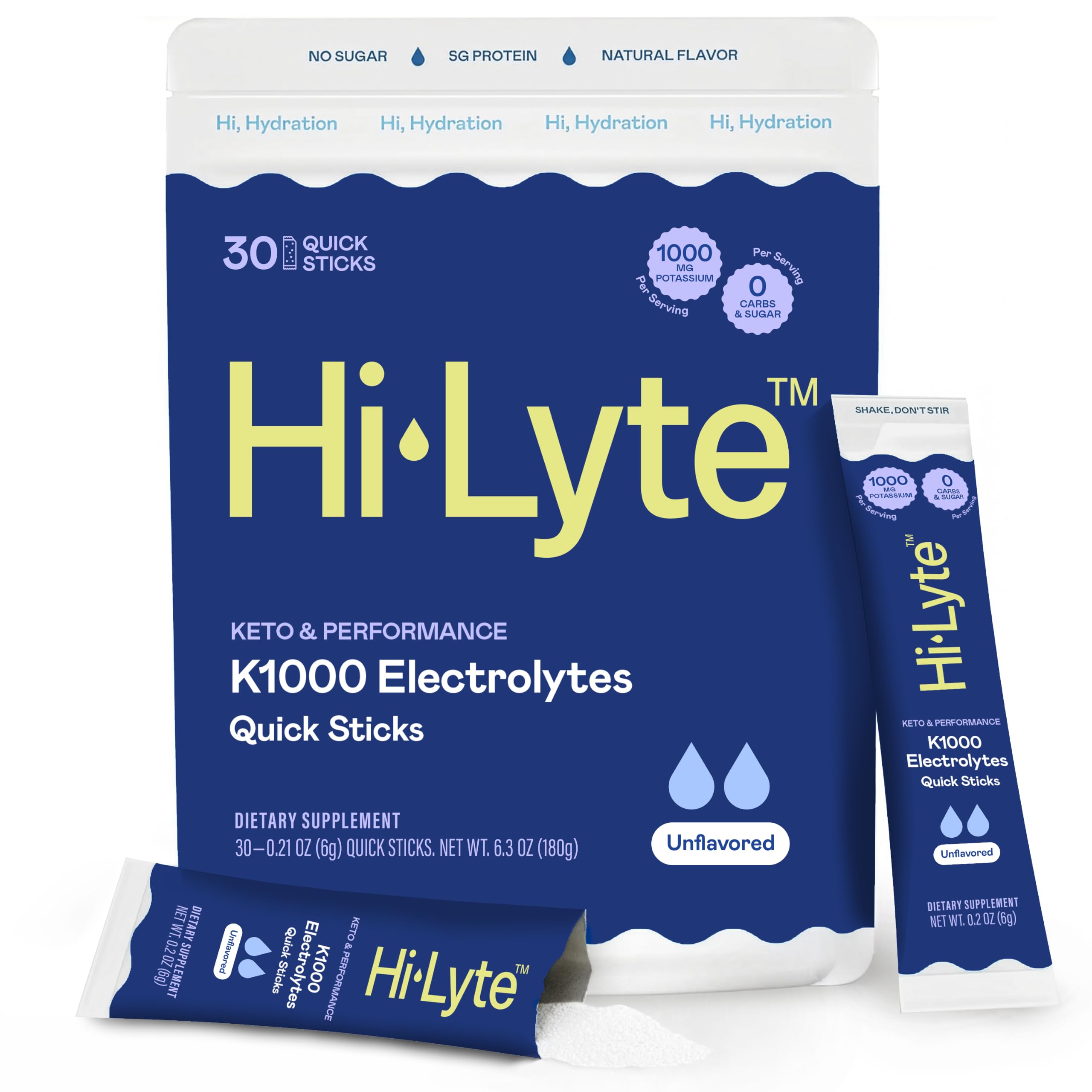 Hi-Lyte empaque frontal mostrando 30 sobres y beneficio portabilidad