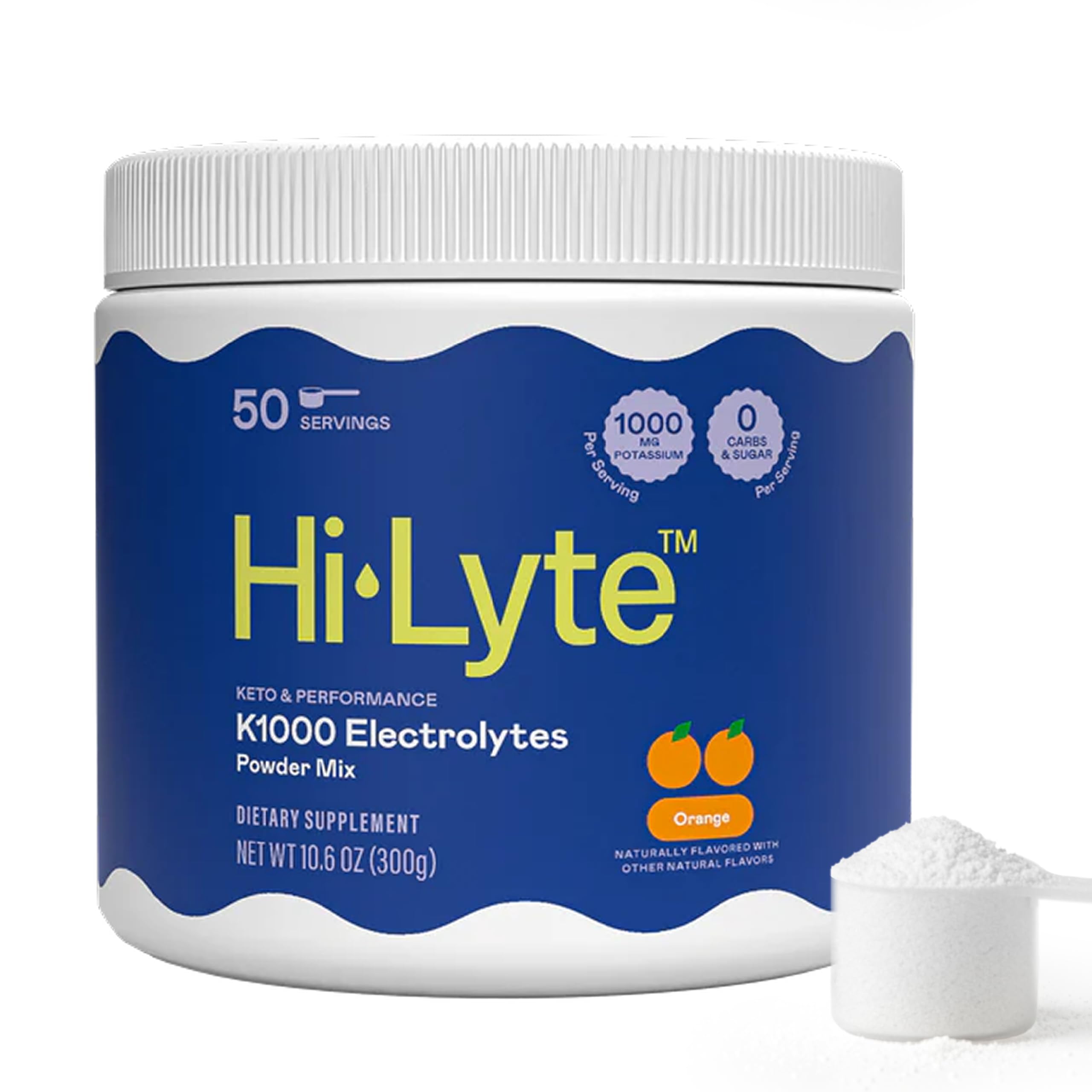 Hi-Lyte envase frontal mostrando 50 raciones y enfoque naranja para identificación rápida