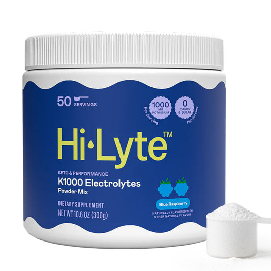 Hi-Lyte paquete frontal mostrando 50 servicios y sabor frambuesa azul, claridad de ingredientes