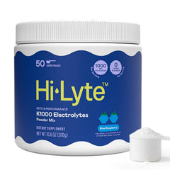 Hi-Lyte paquete frontal mostrando 50 servicios y sabor frambuesa azul, claridad de ingredientes
