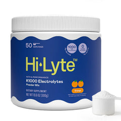 Hi-Lyte envase frontal mostrando 50 raciones y enfoque naranja para identificación rápida