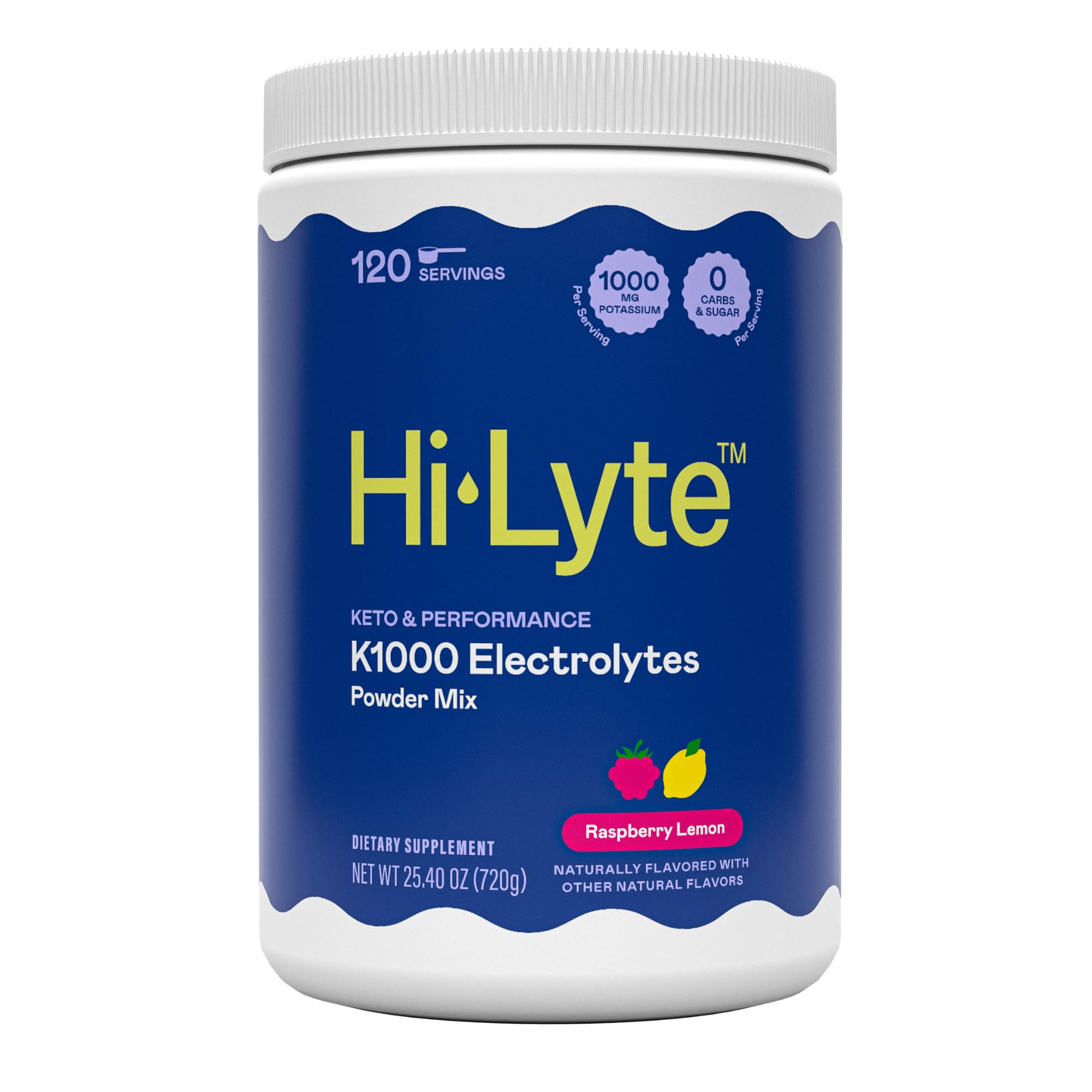Hi-Lyte frasco frontal mostrando marca y sabor Raspberry Lemon para hidratación clara