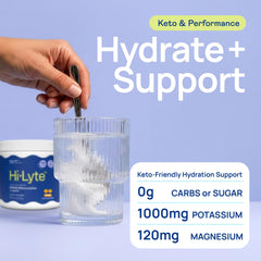 Hi-Lyte polvo en primer plano con textura fina, facilita mezcla rápida en agua