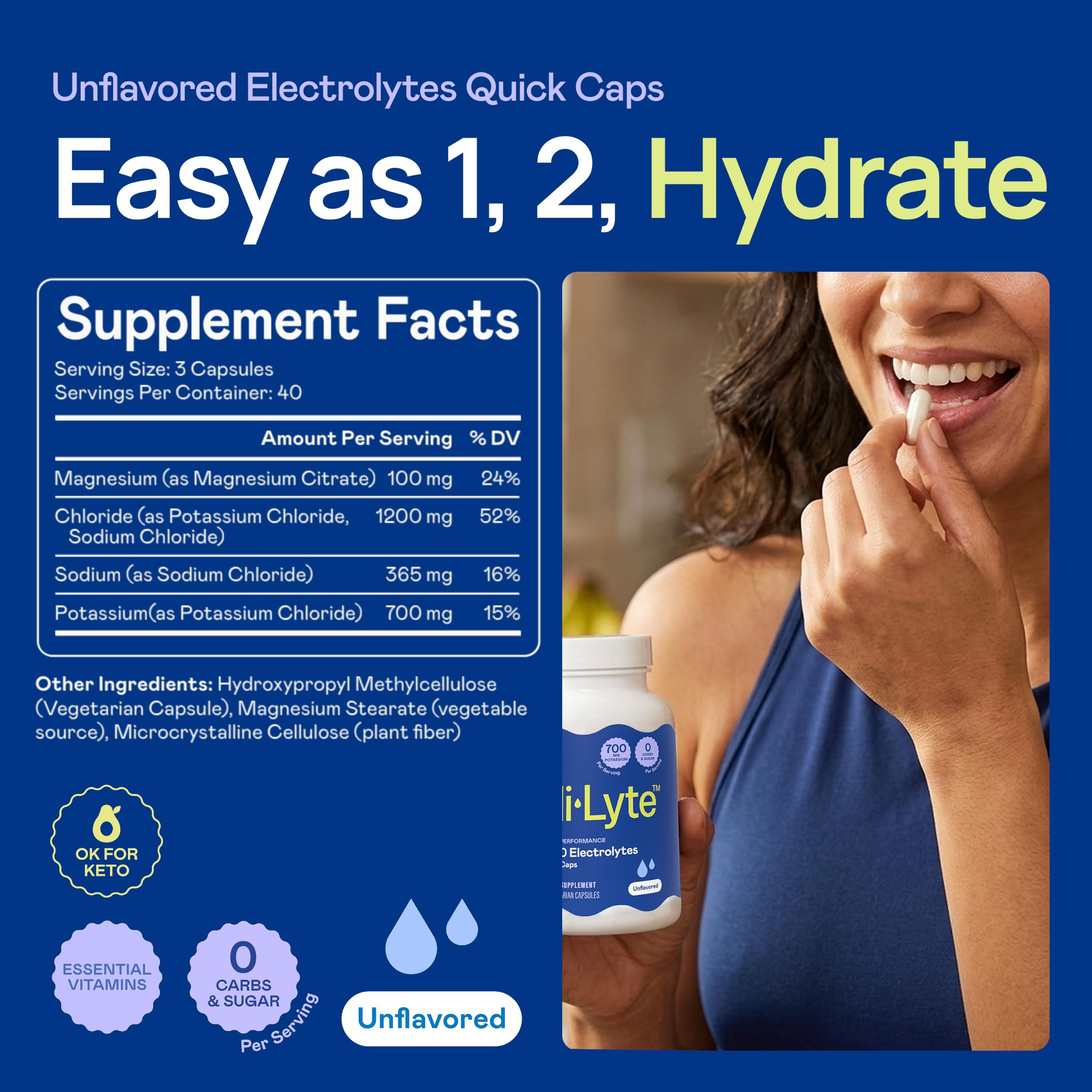 Hi-Lyte etiqueta con información de 700 mg de potasio y limpieza de ingredientes