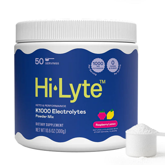 Hi-Lyte bote frontal con etiqueta frambuesa-limón mostrando 50 servicios y beneficios