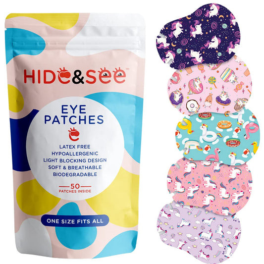 HIDE&SEE empaque frontal Unicorn World mostrando 50 parches y atractivo diseño