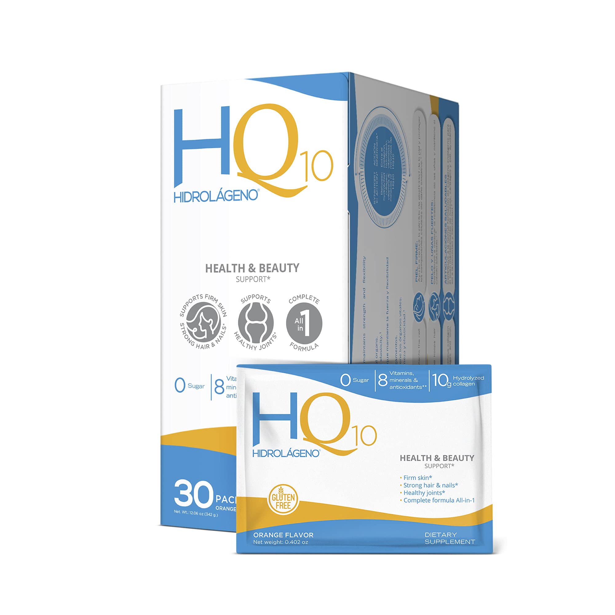 HIDROLÁGENO Q10 frontal del envase mostrando los sobres y beneficios