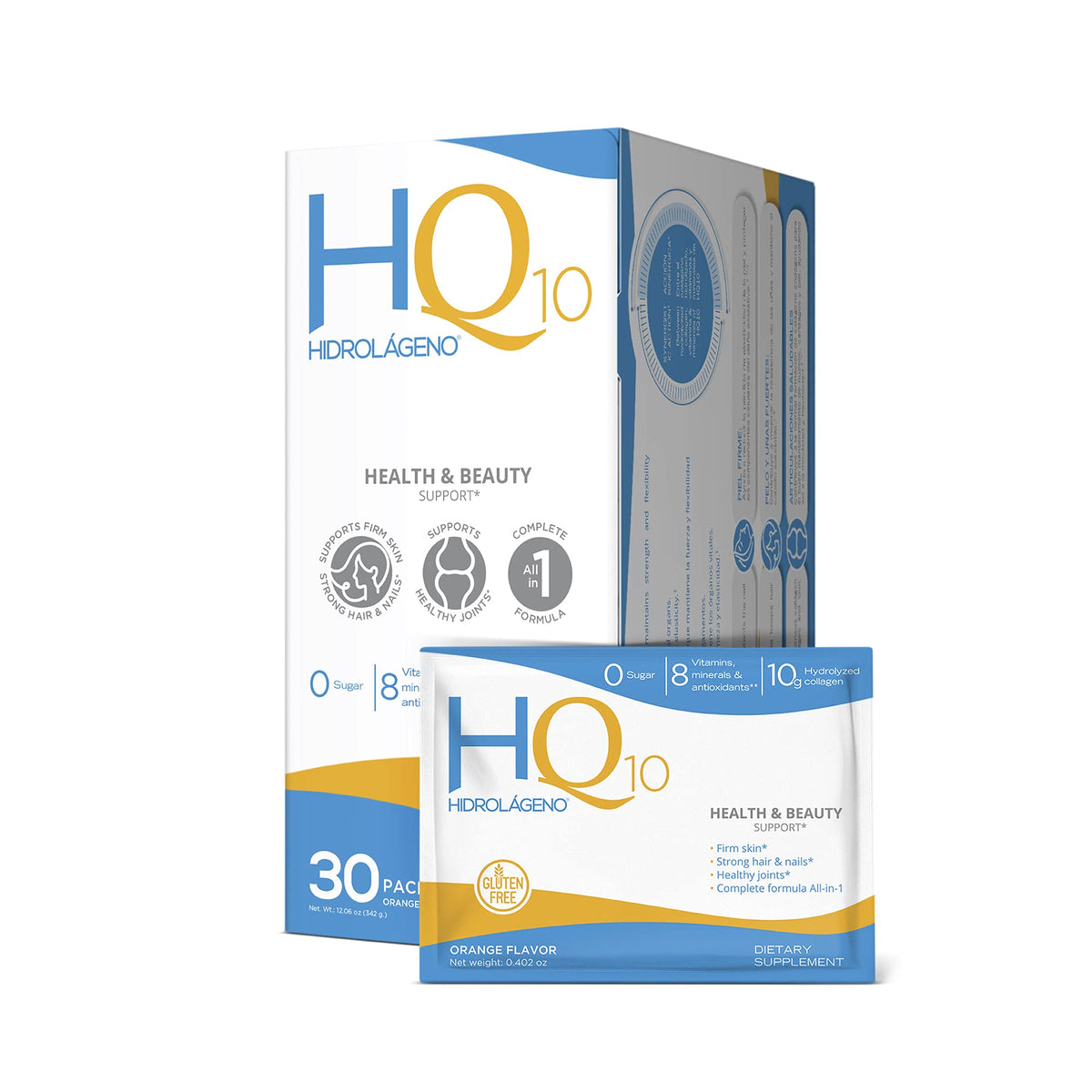 HIDROLÁGENO Q10 frontal del envase mostrando los sobres y beneficios