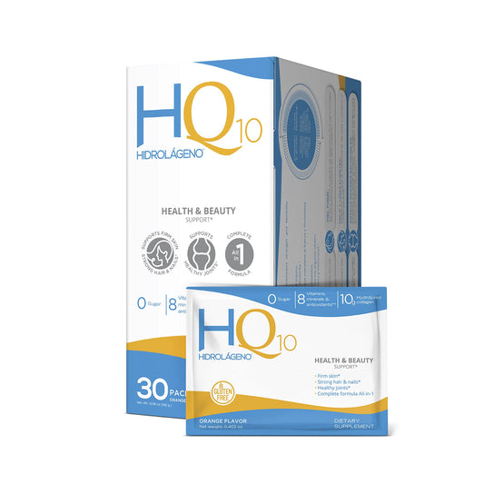 HIDROLÁGENO Q10 frontal del envase mostrando los sobres y beneficios