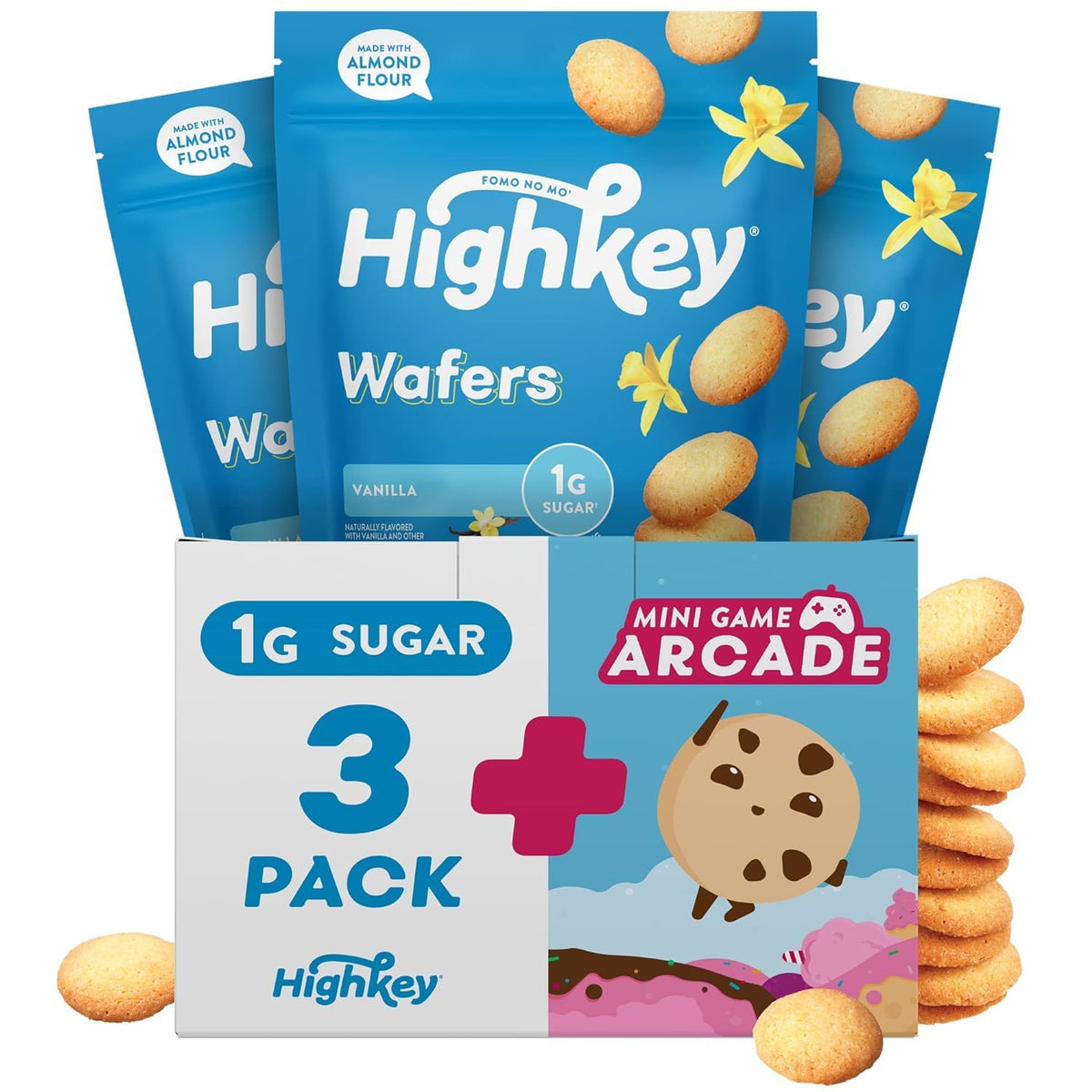 HighKey paquete frontal pack de 3 galletas muestra presentación y conveniencia