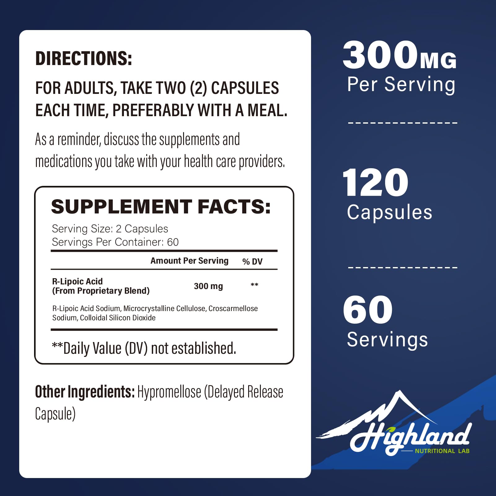 Highland Nutritional Lab detalle de etiqueta resaltando R-ácido lipoico 300 mg