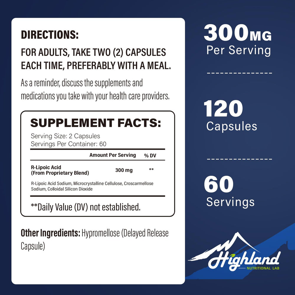 Highland Nutritional Lab detalle de etiqueta resaltando R-ácido lipoico 300 mg