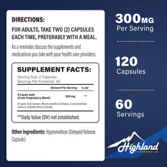 Highland Nutritional Lab detalle de etiqueta resaltando R-ácido lipoico 300 mg