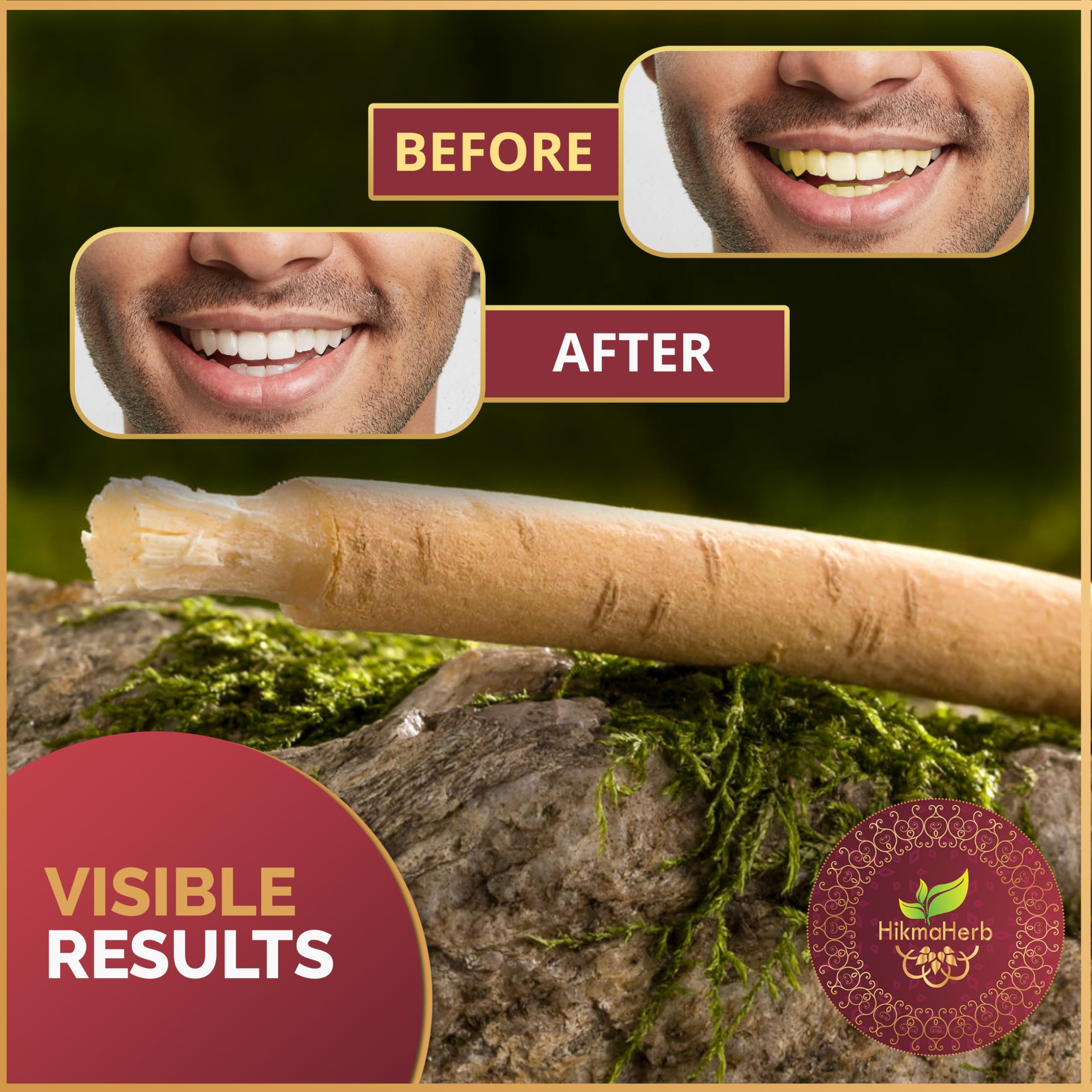 HikmaHerb palitos miswak sobre fondo natural enfatizando origen vegetal
