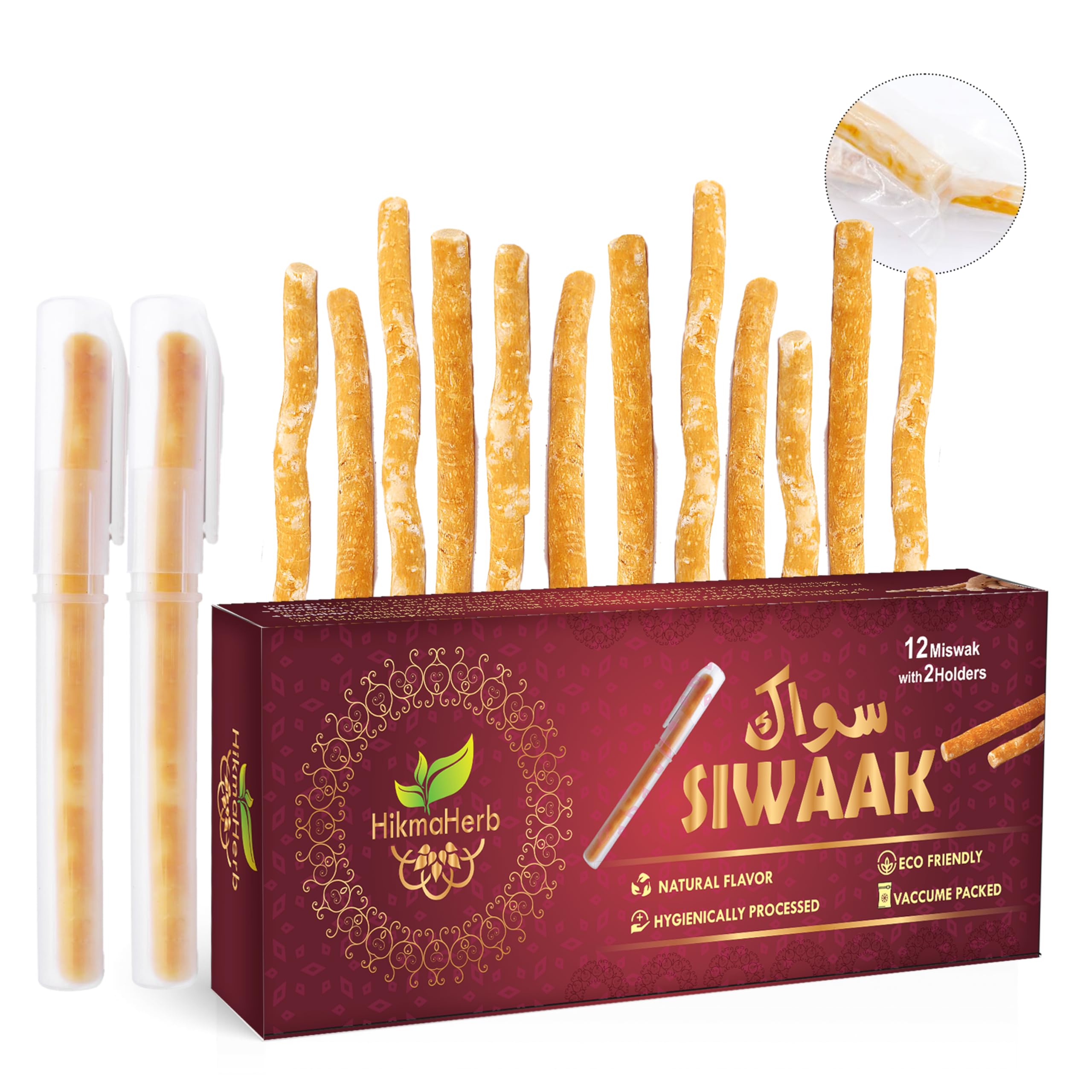 HikmaHerb pack frontal mostrando 12 miswak y 2 soportes para higiene práctica