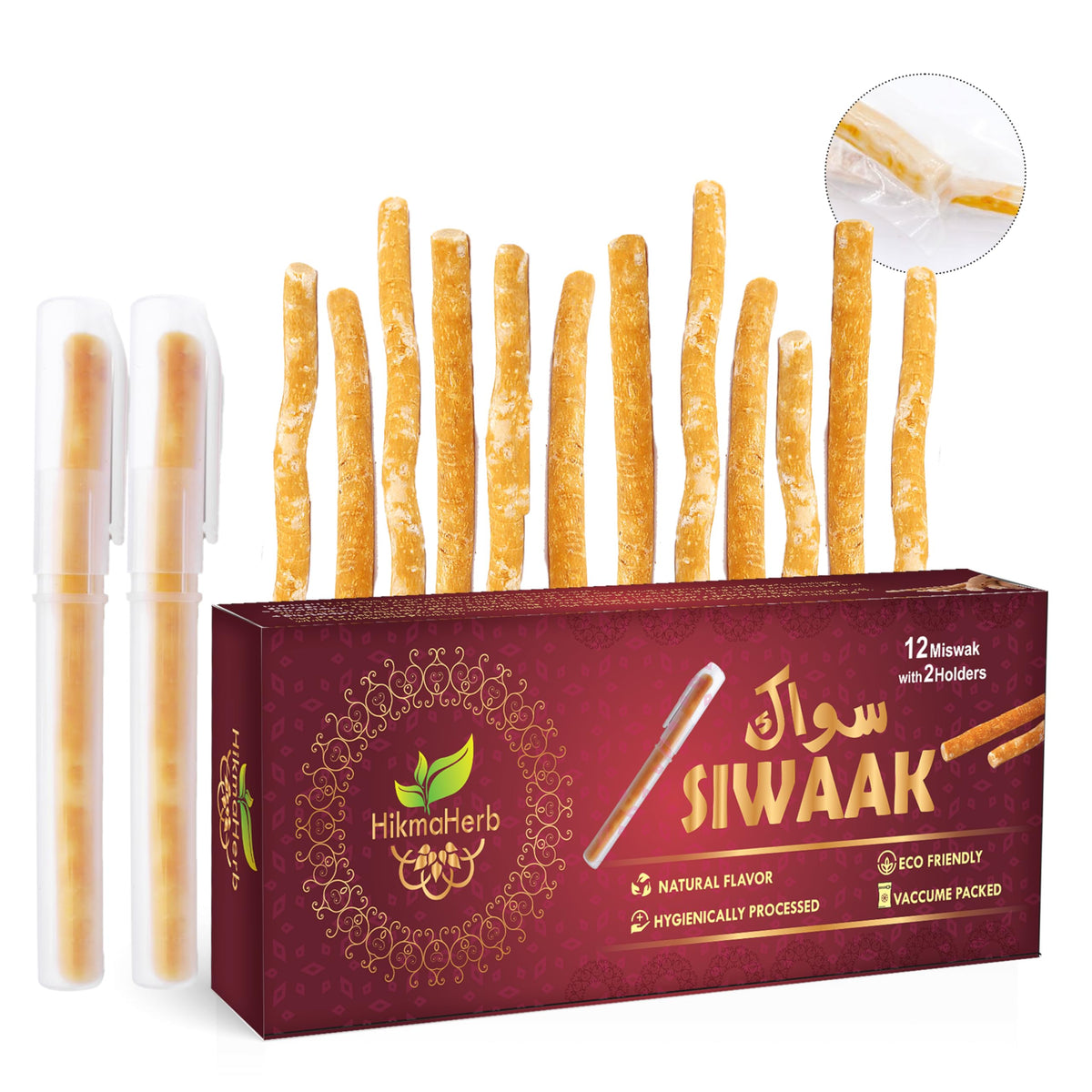HikmaHerb pack frontal mostrando 12 miswak y 2 soportes para higiene práctica